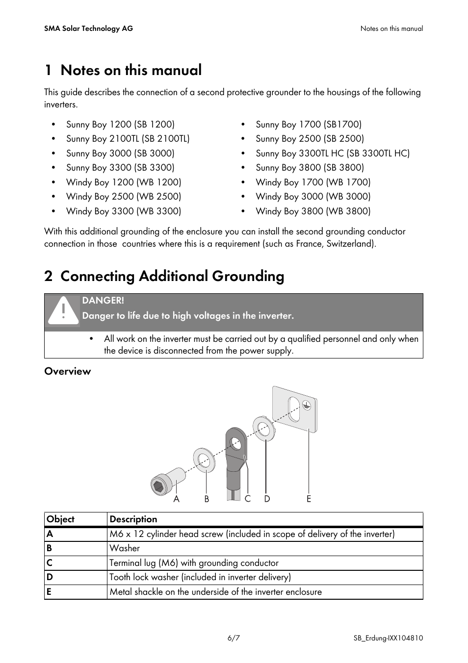 1 notes on this manual, 2 connecting additional grounding | SMA DB-SB-ERD User Manual | Page 6 / 8