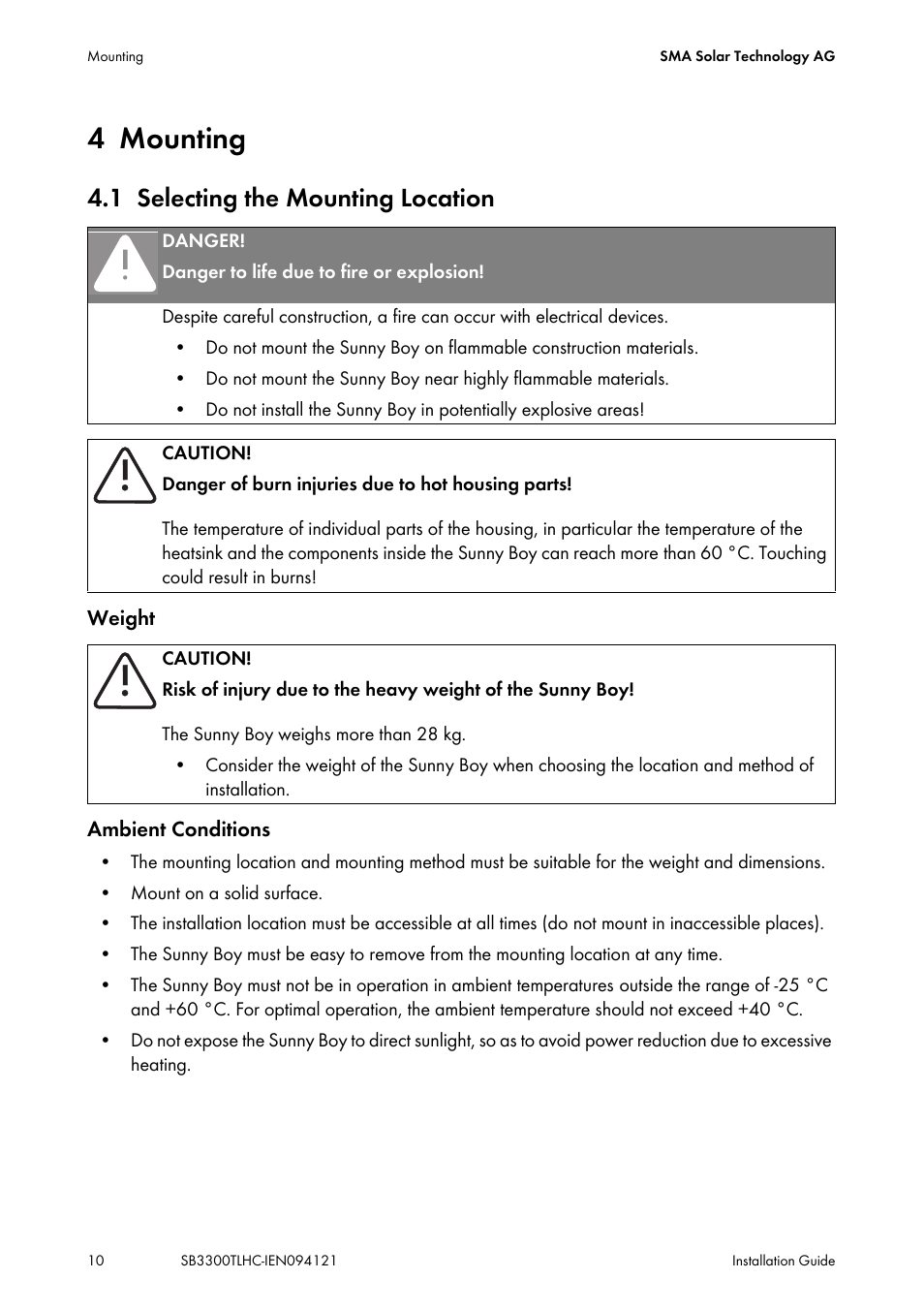 4 mounting, 1 selecting the mounting location, Mounting | Selecting the mounting location | SMA SB 3300TL HC User Manual | Page 10 / 44