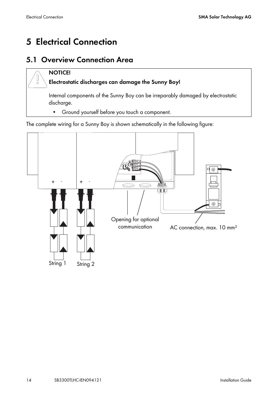 5 electrical connection, 1 overview connection area, Electrical connection | Overview connection area | SMA SB 3300TL HC User Manual | Page 14 / 44