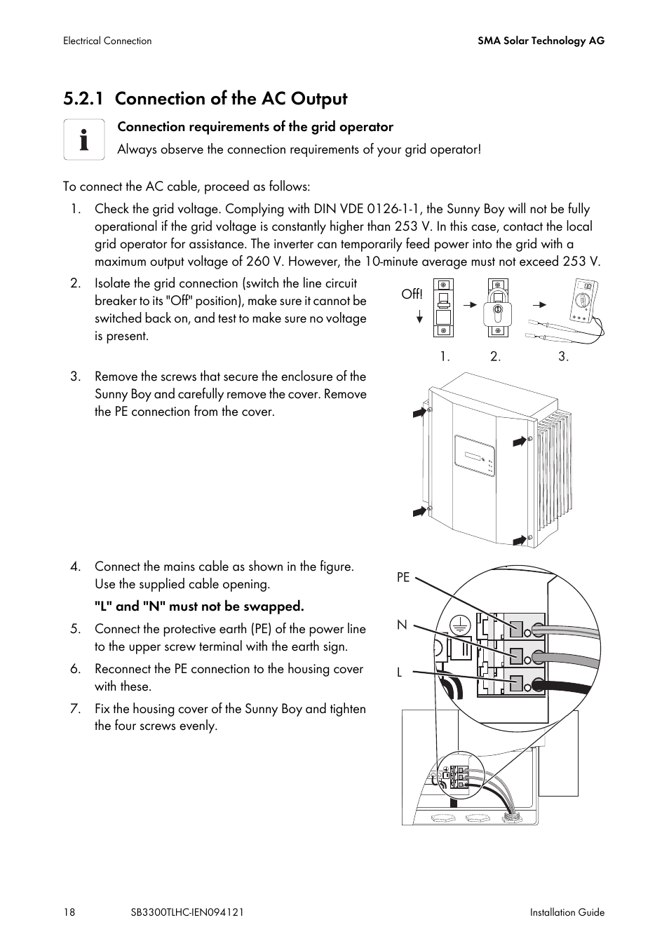 1 connection of the ac output, Connection of the ac output | SMA SB 3300TL HC User Manual | Page 18 / 44