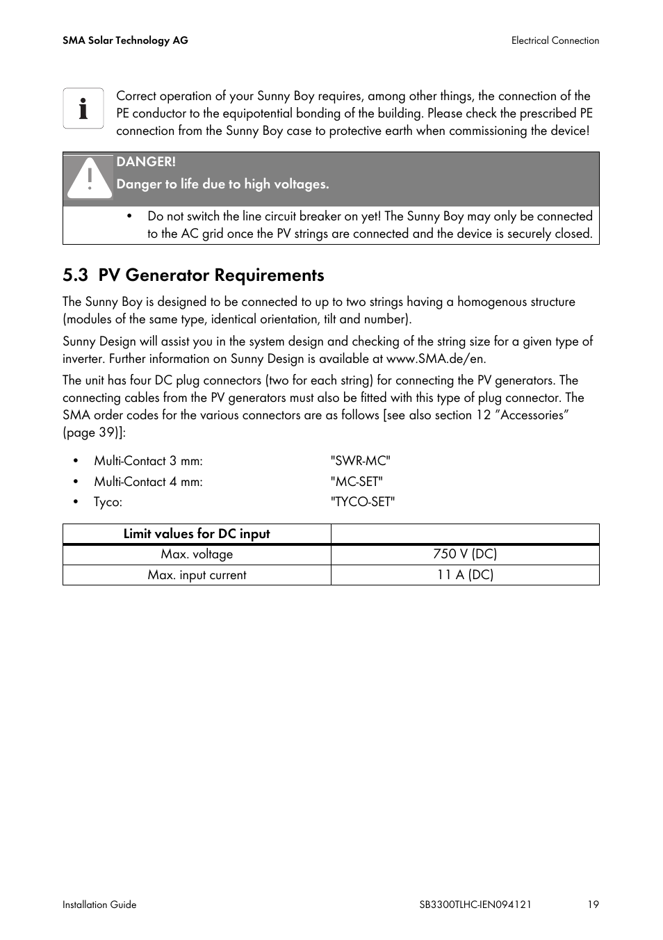 3 pv generator requirements, Pv generator requirements | SMA SB 3300TL HC User Manual | Page 19 / 44