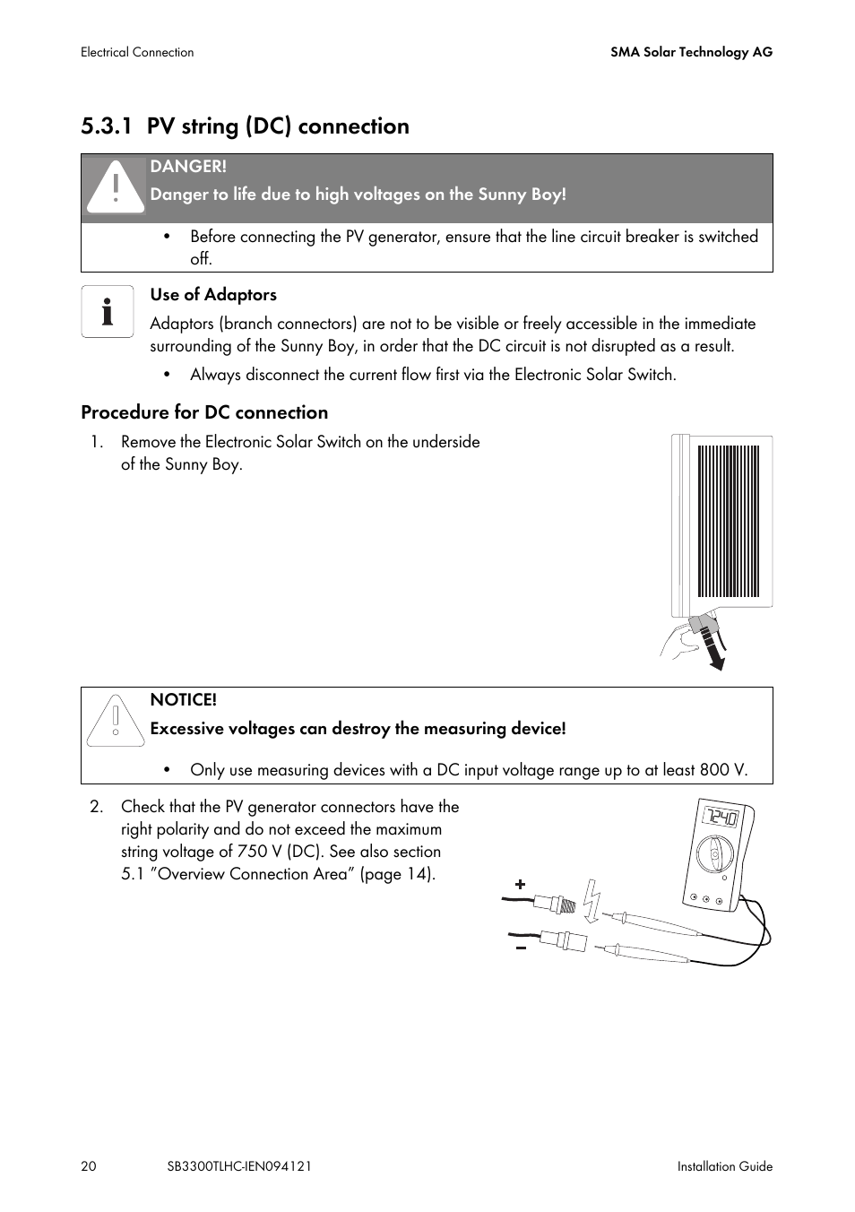 1 pv string (dc) connection, Pv string (dc) connection | SMA SB 3300TL HC User Manual | Page 20 / 44