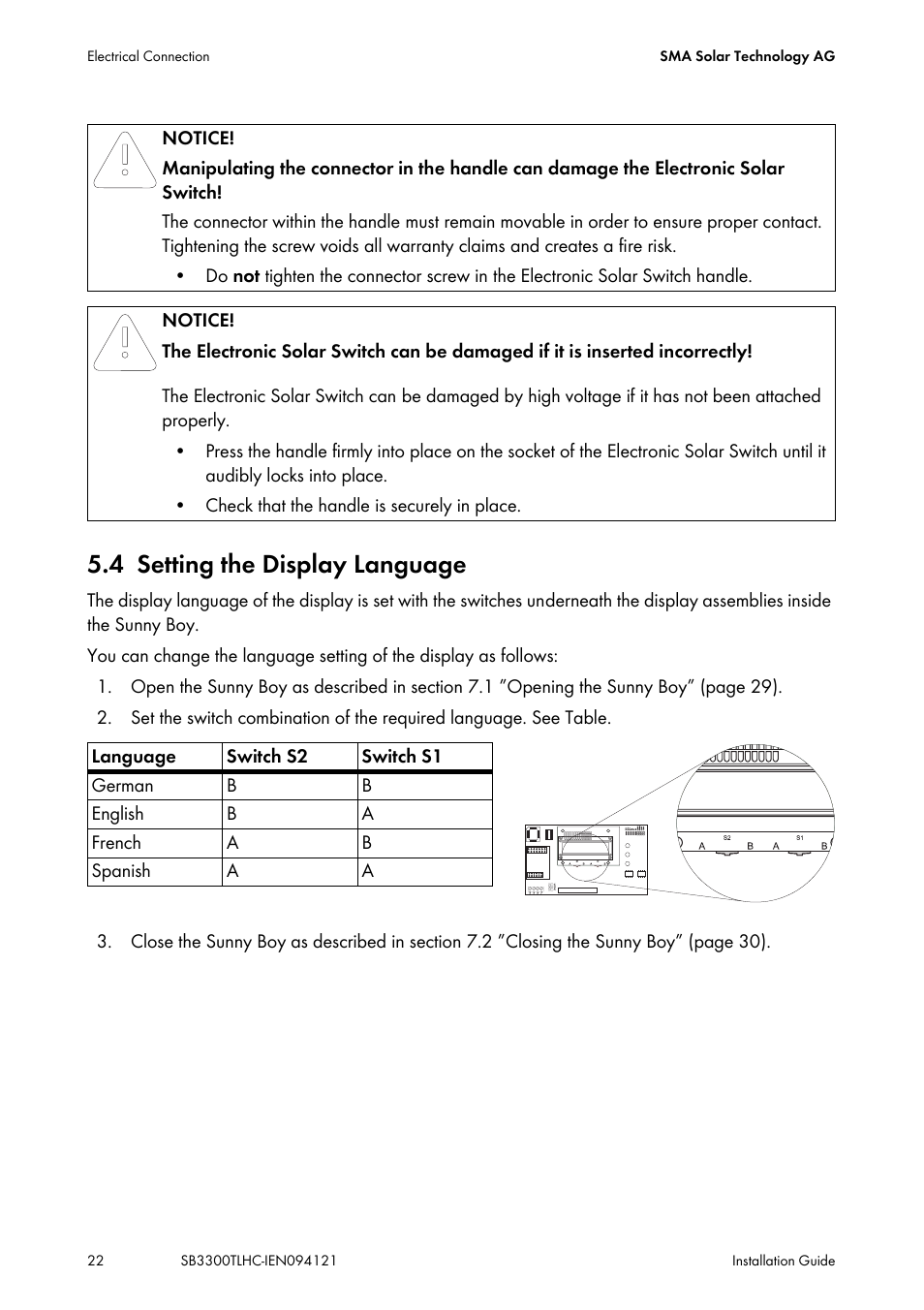 4 setting the display language, Setting the display language | SMA SB 3300TL HC User Manual | Page 22 / 44