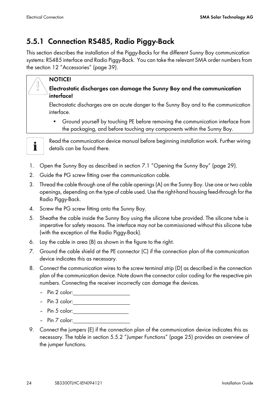 1 connection rs485, radio piggy-back, Connection rs485, radio piggy-back | SMA SB 3300TL HC User Manual | Page 24 / 44