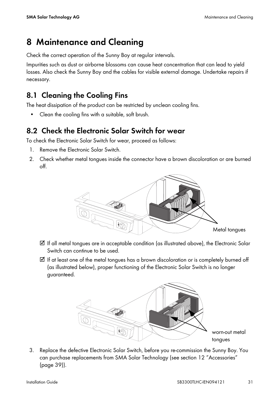 8 maintenance and cleaning, 1 cleaning the cooling fins, 2 check the electronic solar switch for wear | Maintenance and cleaning, Cleaning the cooling fins, Check the electronic solar switch for wear | SMA SB 3300TL HC User Manual | Page 31 / 44