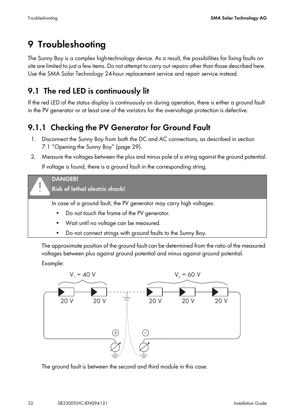 9 troubleshooting, 1 the red led is continuously lit, 1 checking the pv generator for ground fault | Troubleshooting, The red led is continuously lit, Checking the pv generator for ground fault | SMA SB 3300TL HC User Manual | Page 32 / 44