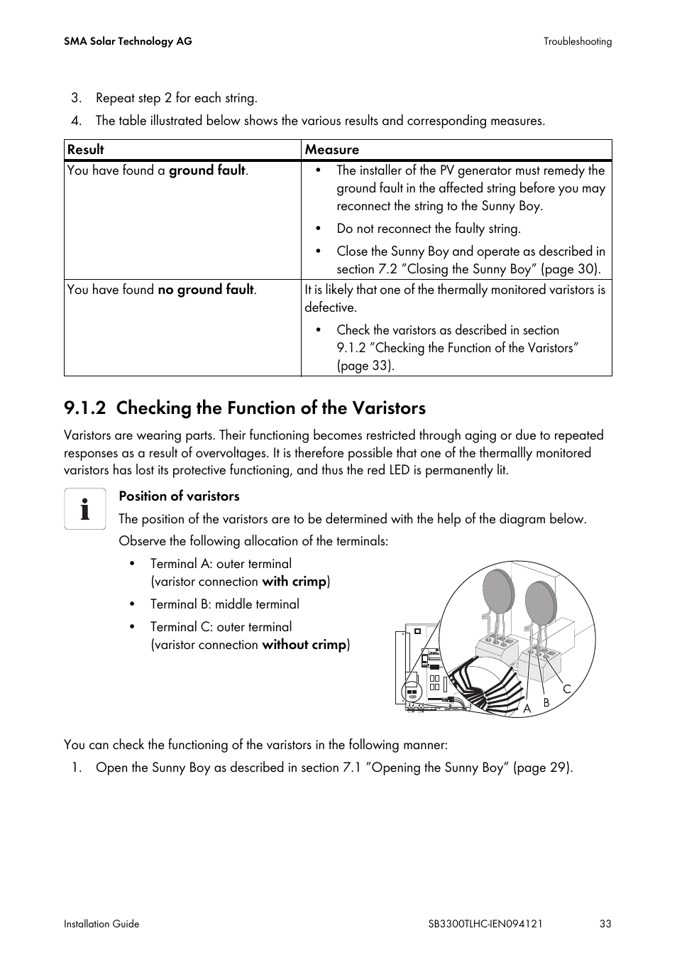 2 checking the function of the varistors, Checking the function of the varistors | SMA SB 3300TL HC User Manual | Page 33 / 44