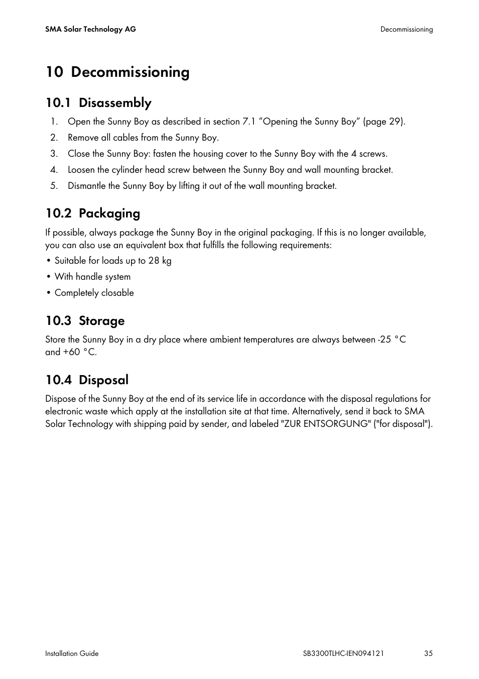 10 decommissioning, 1 disassembly, 2 packaging | 3 storage, 4 disposal, Decommissioning, Disassembly, Packaging, Storage, Disposal | SMA SB 3300TL HC User Manual | Page 35 / 44