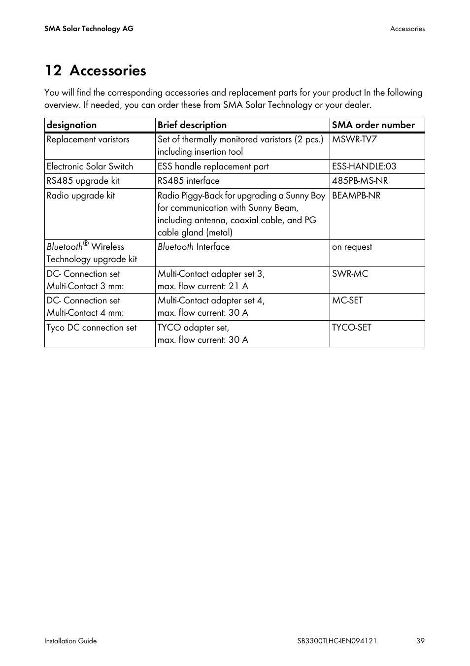 12 accessories, Accessories | SMA SB 3300TL HC User Manual | Page 39 / 44