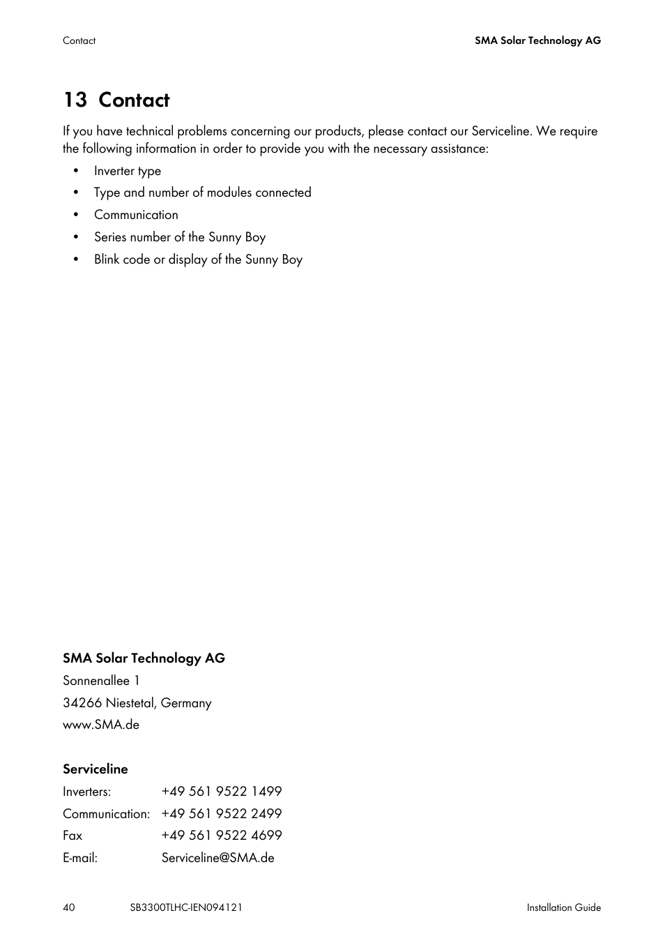 13 contact, Contact | SMA SB 3300TL HC User Manual | Page 40 / 44