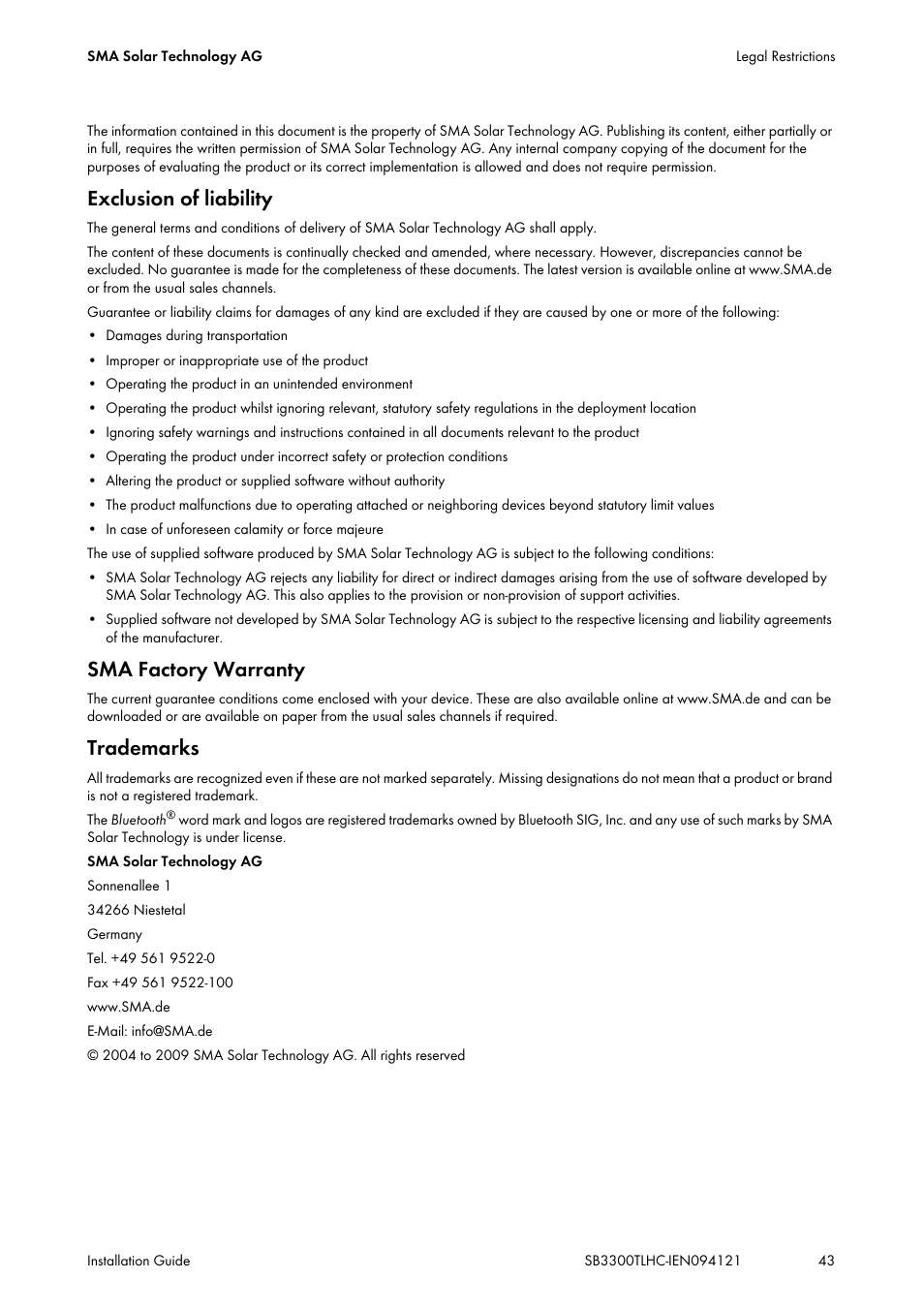 Exclusion of liability, Sma factory warranty, Trademarks | SMA SB 3300TL HC User Manual | Page 43 / 44