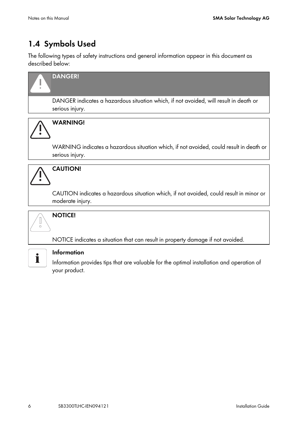 4 symbols used, Symbols used | SMA SB 3300TL HC User Manual | Page 6 / 44