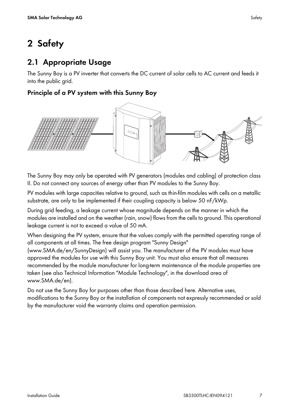 2 safety, 1 appropriate usage, Safety | Appropriate usage | SMA SB 3300TL HC User Manual | Page 7 / 44