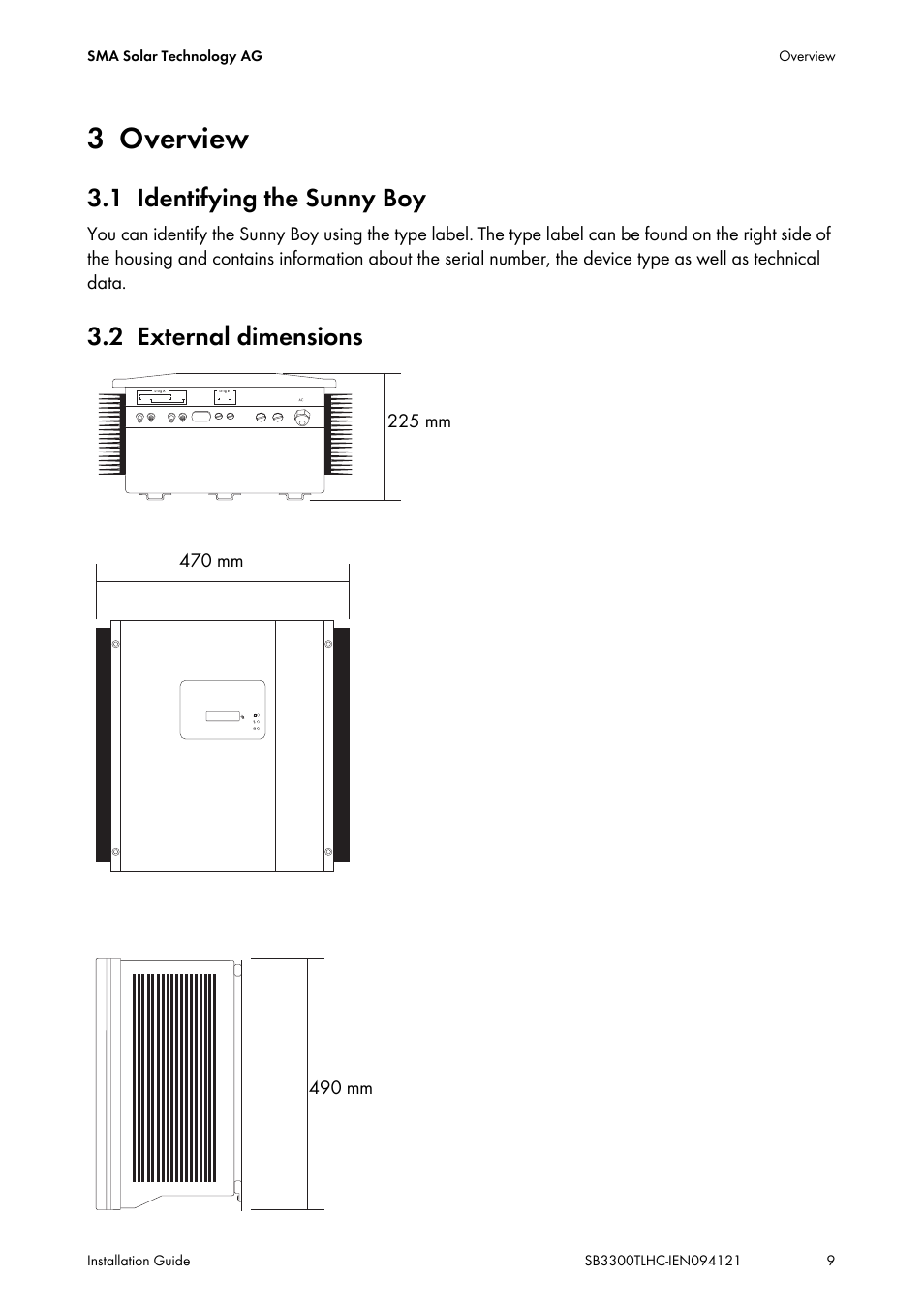 3 overview, 1 identifying the sunny boy, 2 external dimensions | Overview, Identifying the sunny boy, External dimensions | SMA SB 3300TL HC User Manual | Page 9 / 44