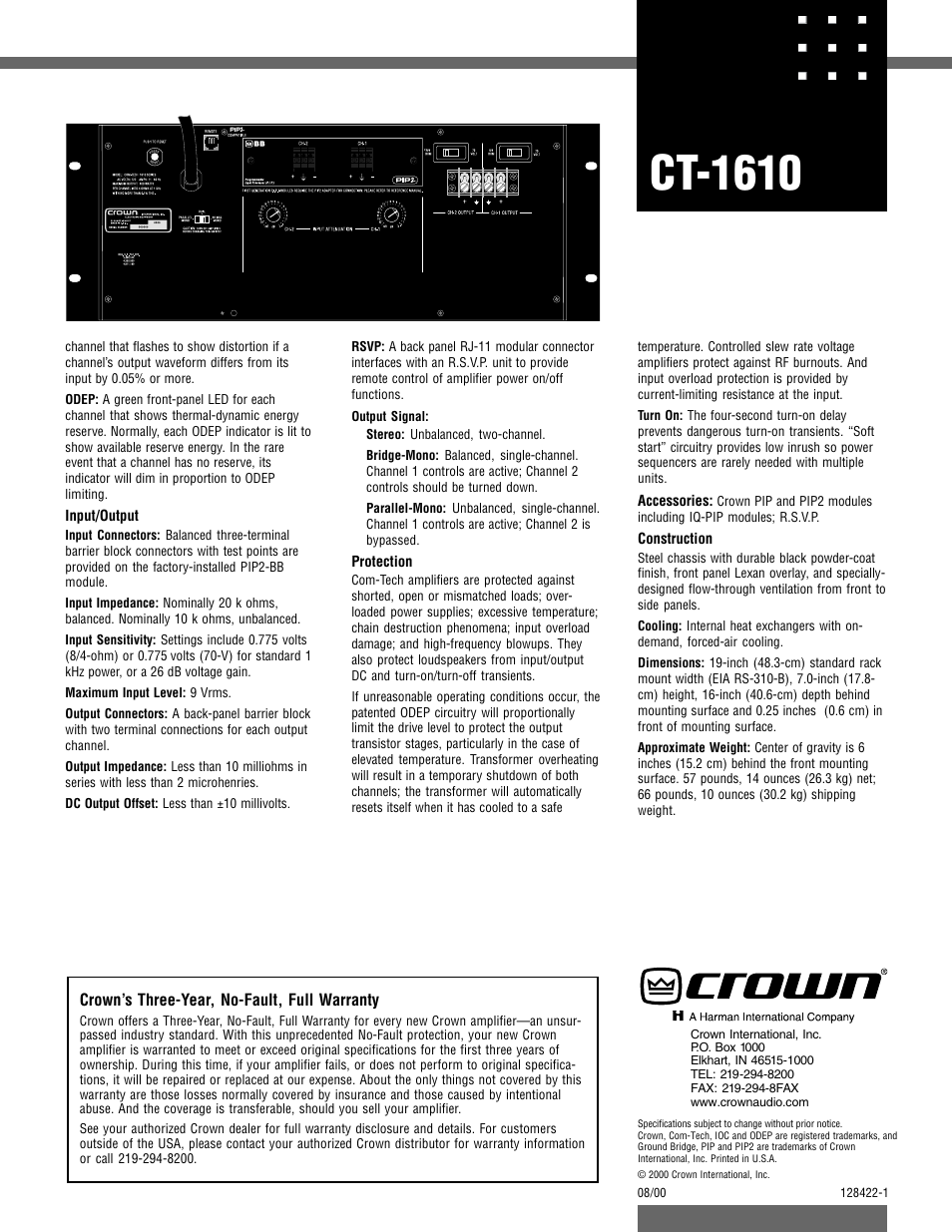 Ct-1610 | Crown Audio CT-1610 User Manual | Page 2 / 2