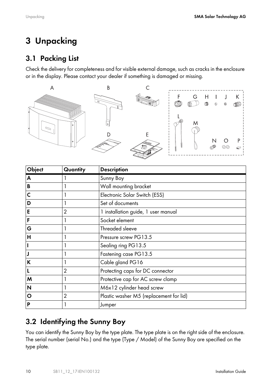 3 unpacking, 1 packing list, 2 identifying the sunny boy | Unpacking, Packing list, Identifying the sunny boy | SMA SB 1100 User Manual | Page 10 / 52