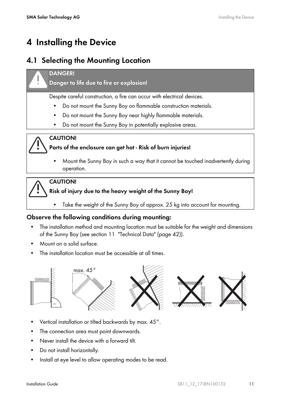 4 installing the device, 1 selecting the mounting location, Installing the device | Selecting the mounting location | SMA SB 1100 User Manual | Page 11 / 52