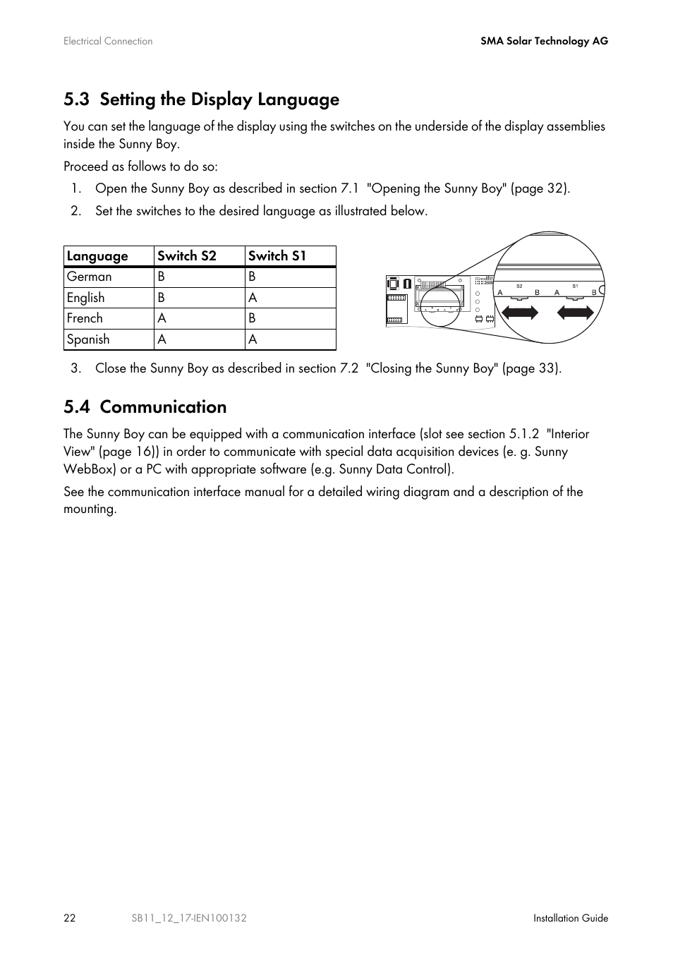 3 setting the display language, 4 communication, Setting the display language | Communication, Ection 5.4 | SMA SB 1100 User Manual | Page 22 / 52