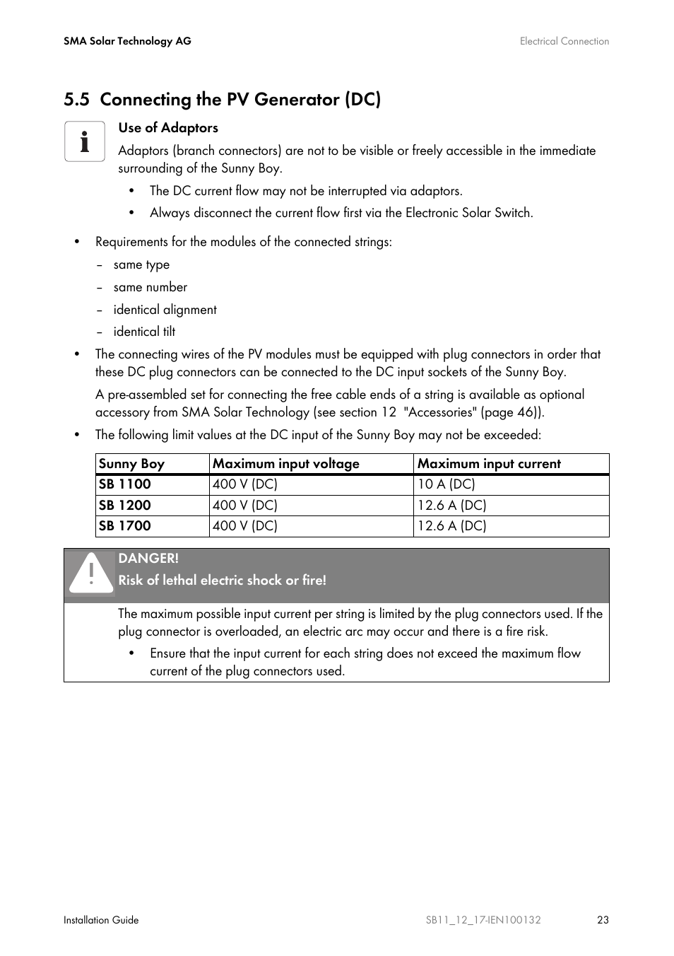 5 connecting the pv generator (dc), Connecting the pv generator (dc), On 5.5 | SMA SB 1100 User Manual | Page 23 / 52