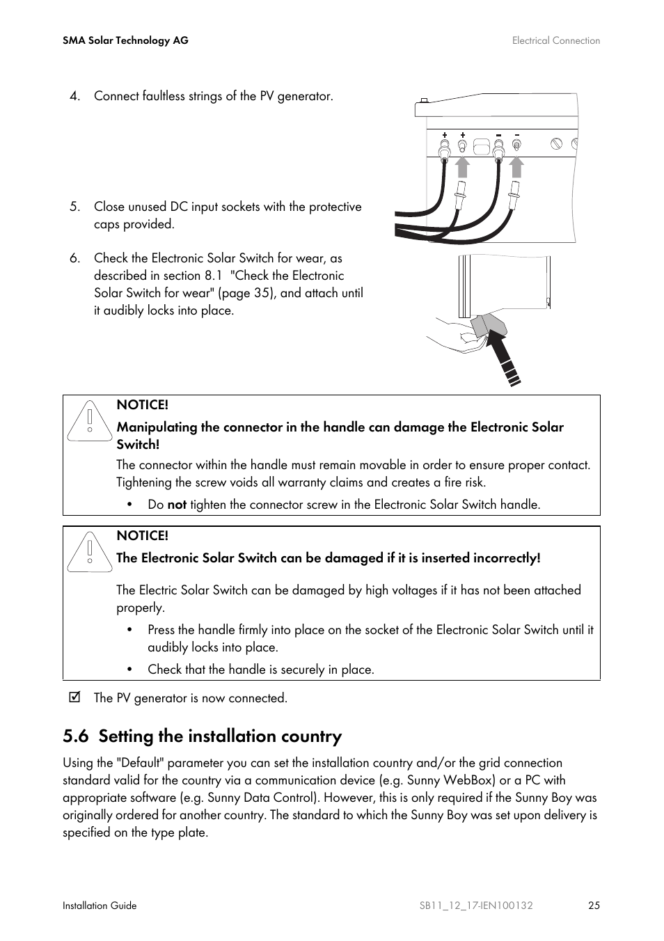 6 setting the installation country, Setting the installation country | SMA SB 1100 User Manual | Page 25 / 52