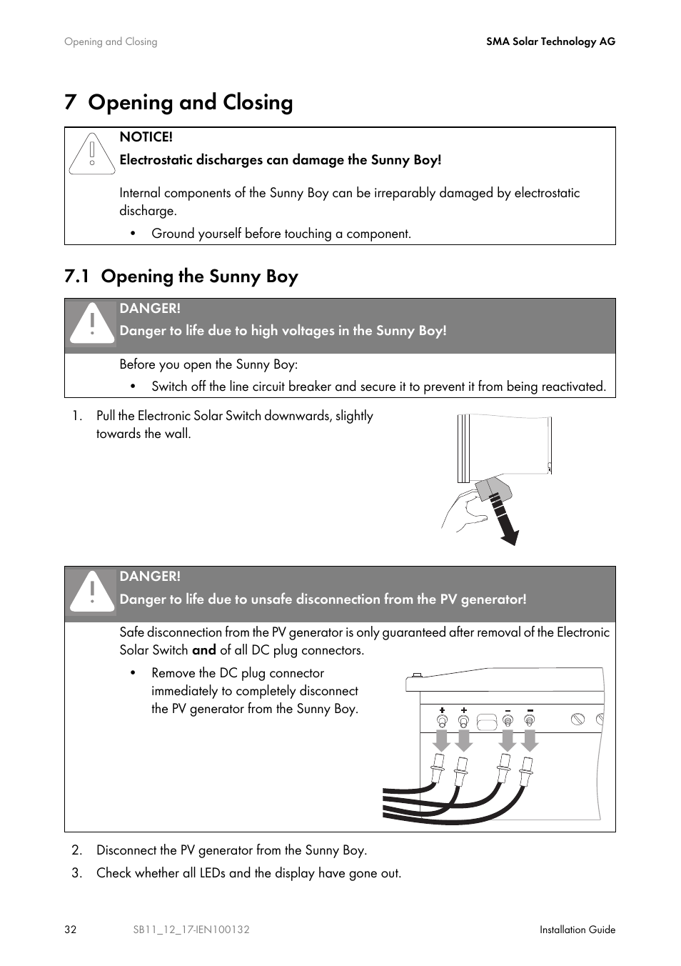 7 opening and closing, 1 opening the sunny boy, Opening and closing | Opening the sunny boy | SMA SB 1100 User Manual | Page 32 / 52