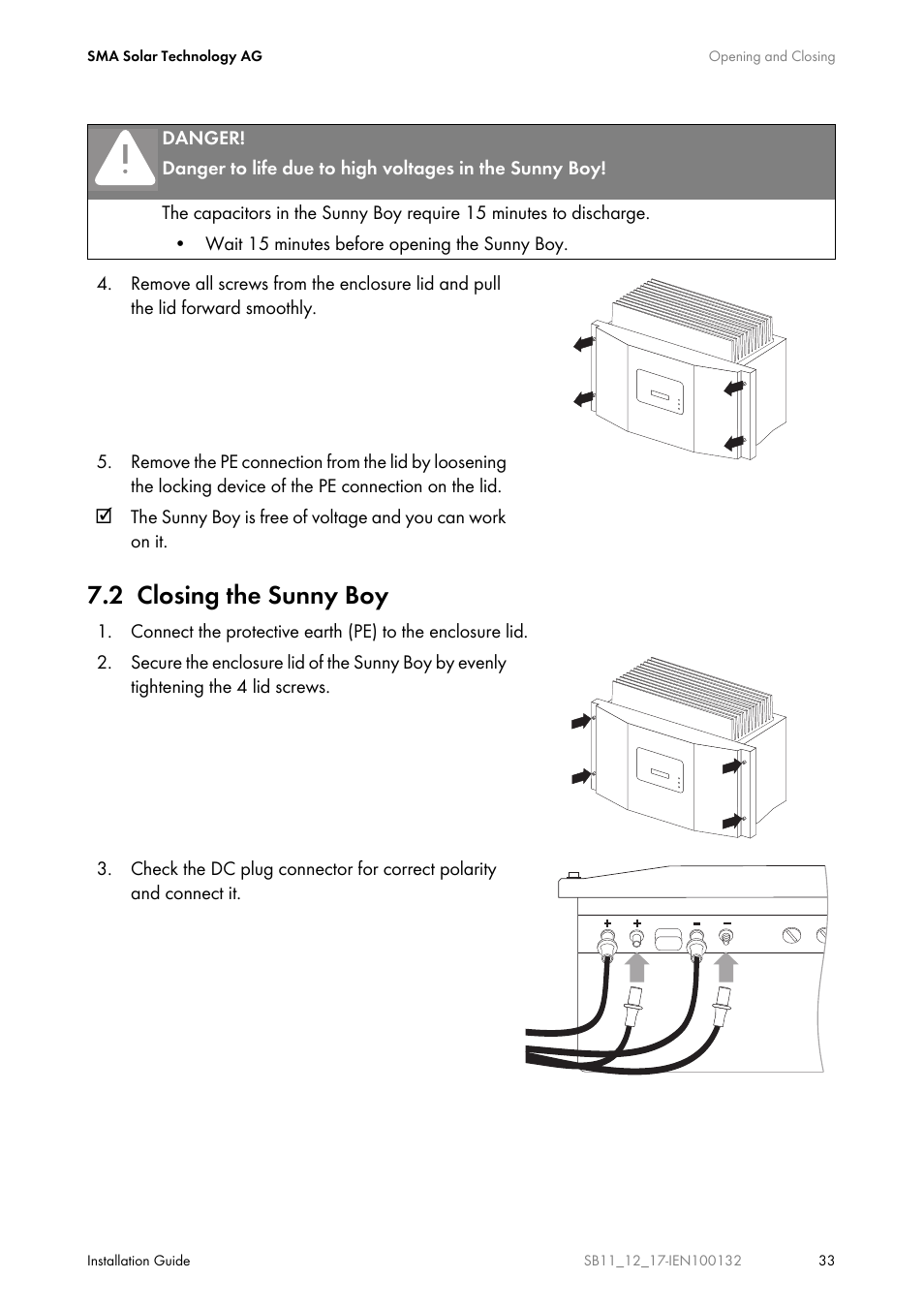 2 closing the sunny boy, Closing the sunny boy | SMA SB 1100 User Manual | Page 33 / 52