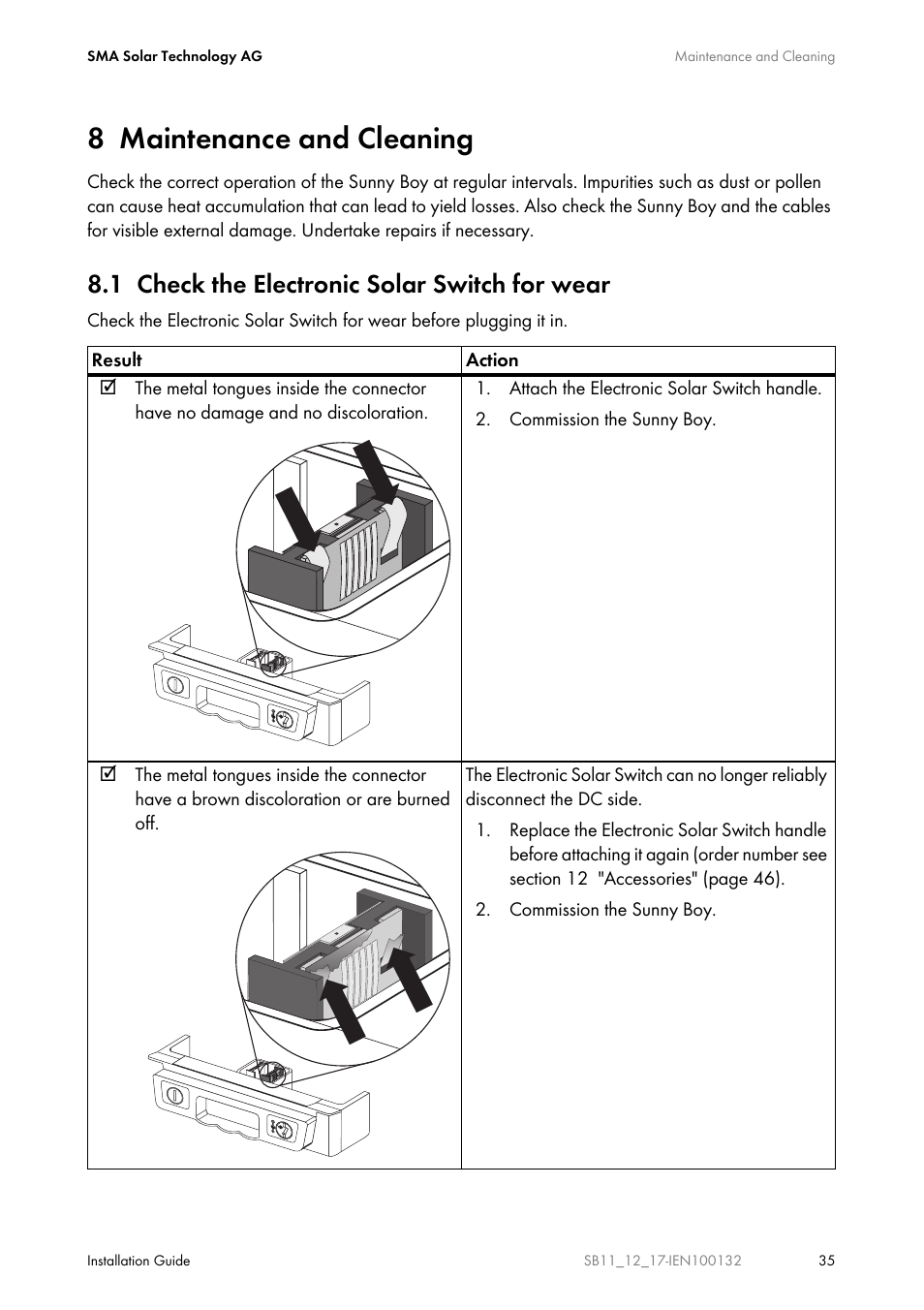 8 maintenance and cleaning, 1 check the electronic solar switch for wear, Maintenance and cleaning | Check the electronic solar switch for wear | SMA SB 1100 User Manual | Page 35 / 52