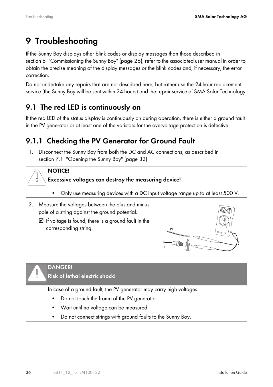 9 troubleshooting, 1 the red led is continuously on, 1 checking the pv generator for ground fault | Troubleshooting, The red led is continuously on, Checking the pv generator for ground fault | SMA SB 1100 User Manual | Page 36 / 52