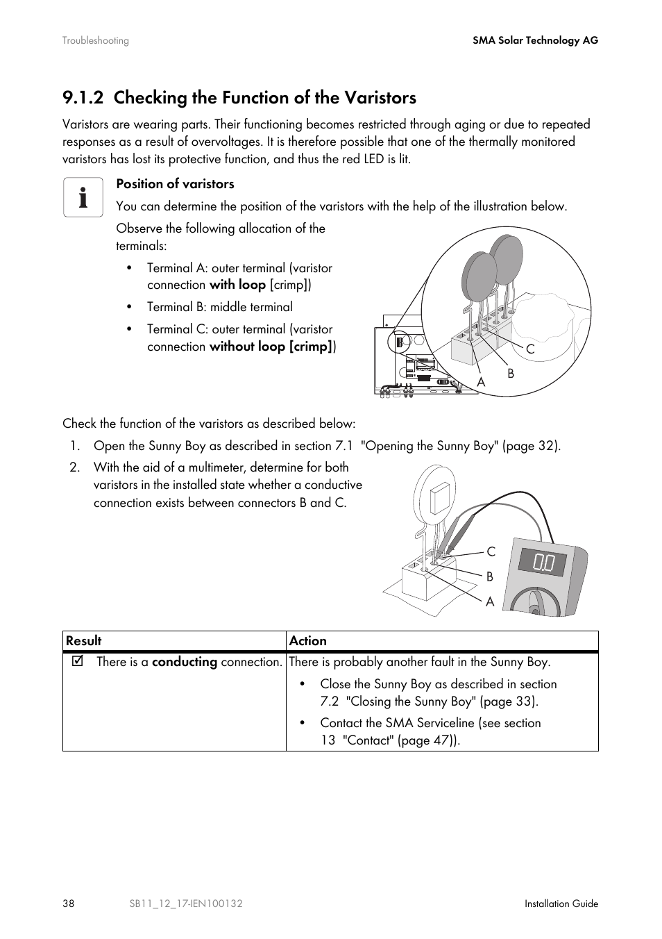 2 checking the function of the varistors, Checking the function of the varistors, Tion 9.1.2 | SMA SB 1100 User Manual | Page 38 / 52