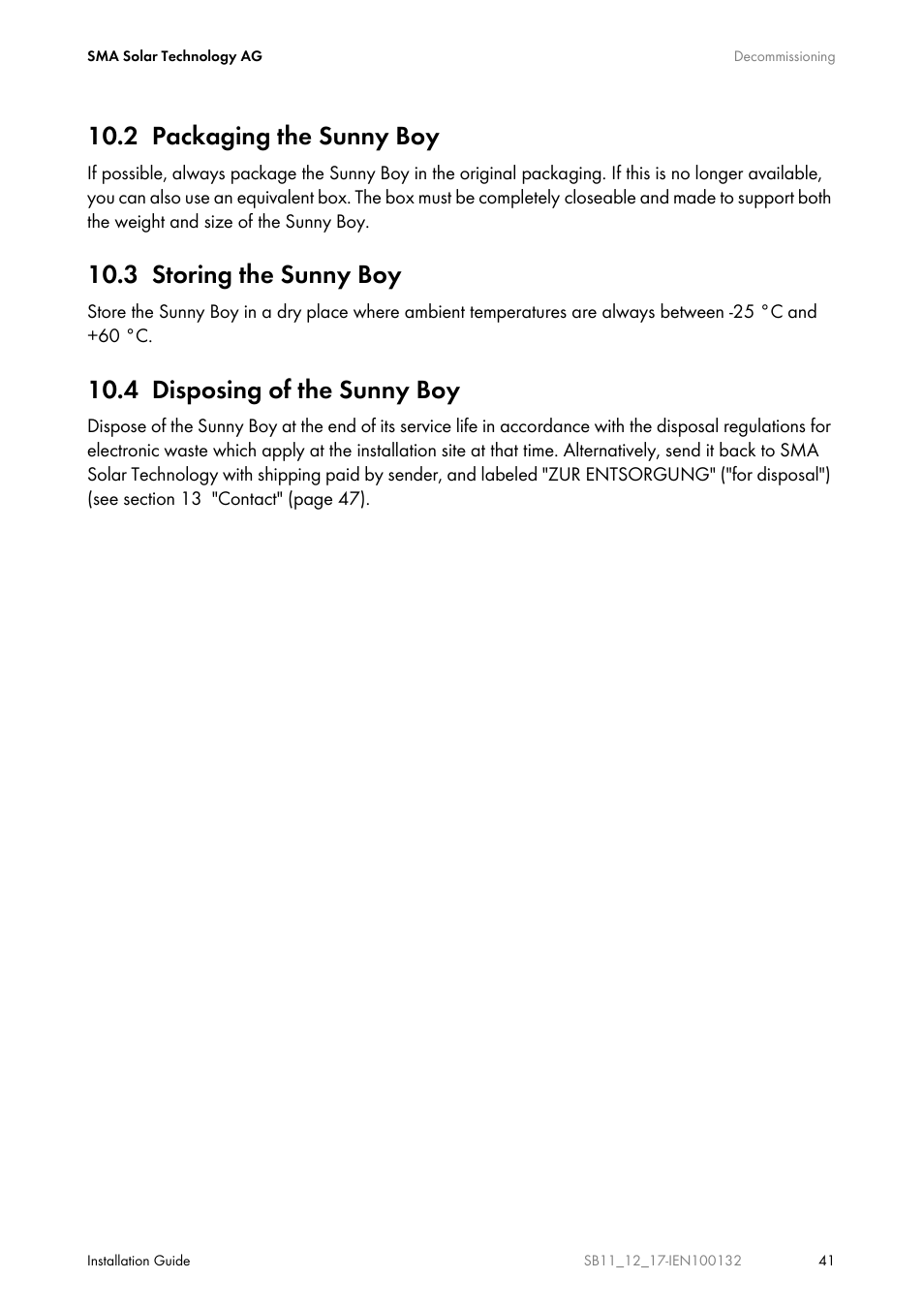 2 packaging the sunny boy, 3 storing the sunny boy, 4 disposing of the sunny boy | Packaging the sunny boy, Storing the sunny boy, Disposing of the sunny boy | SMA SB 1100 User Manual | Page 41 / 52