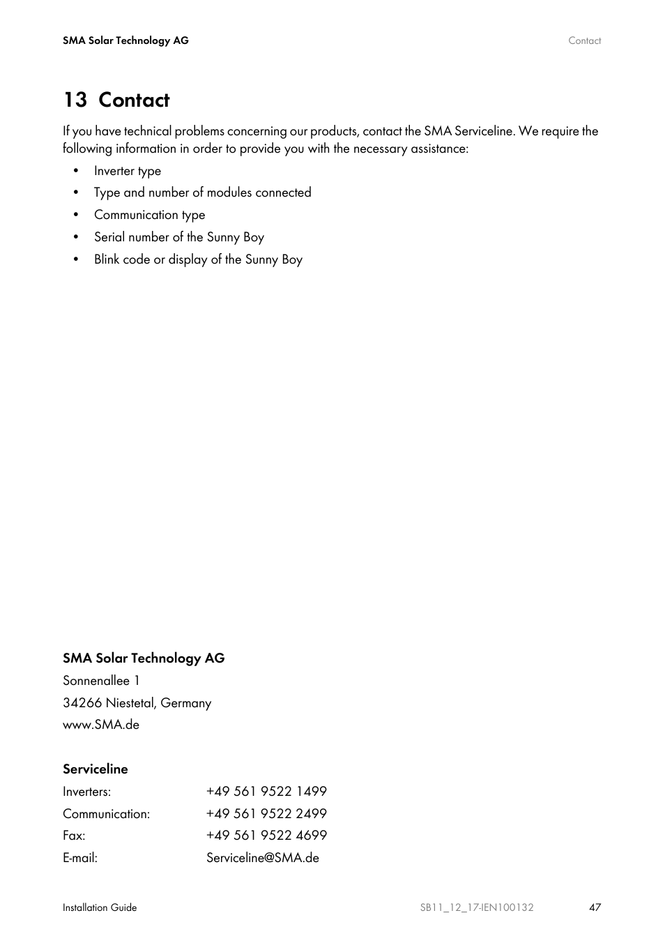 13 contact, Contact | SMA SB 1100 User Manual | Page 47 / 52