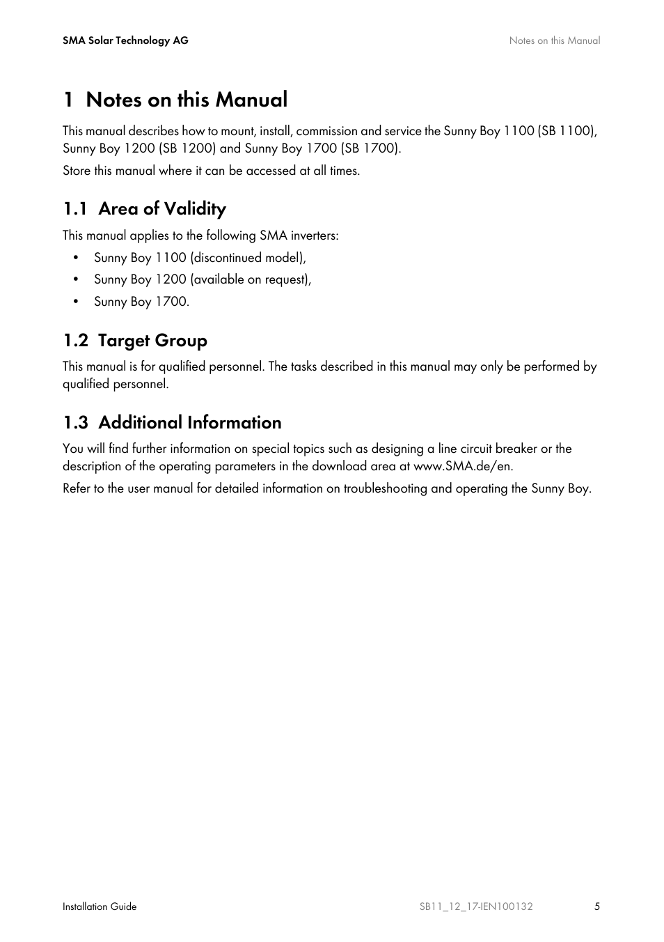 1 notes on this manual, 1 area of validity, 2 target group | 3 additional information, Notes on this manual, Area of validity, Target group, Additional information | SMA SB 1100 User Manual | Page 5 / 52