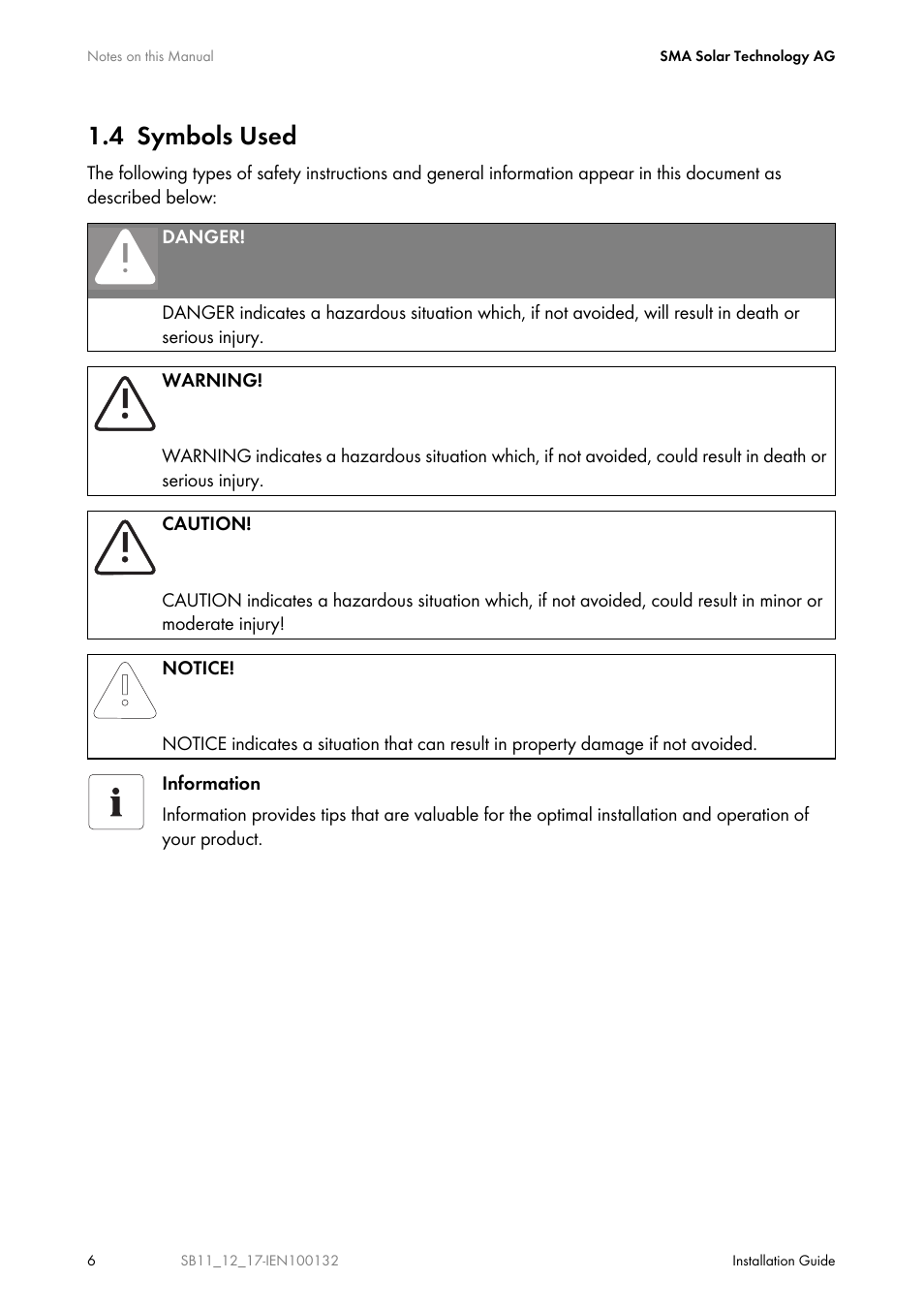 4 symbols used, Symbols used | SMA SB 1100 User Manual | Page 6 / 52