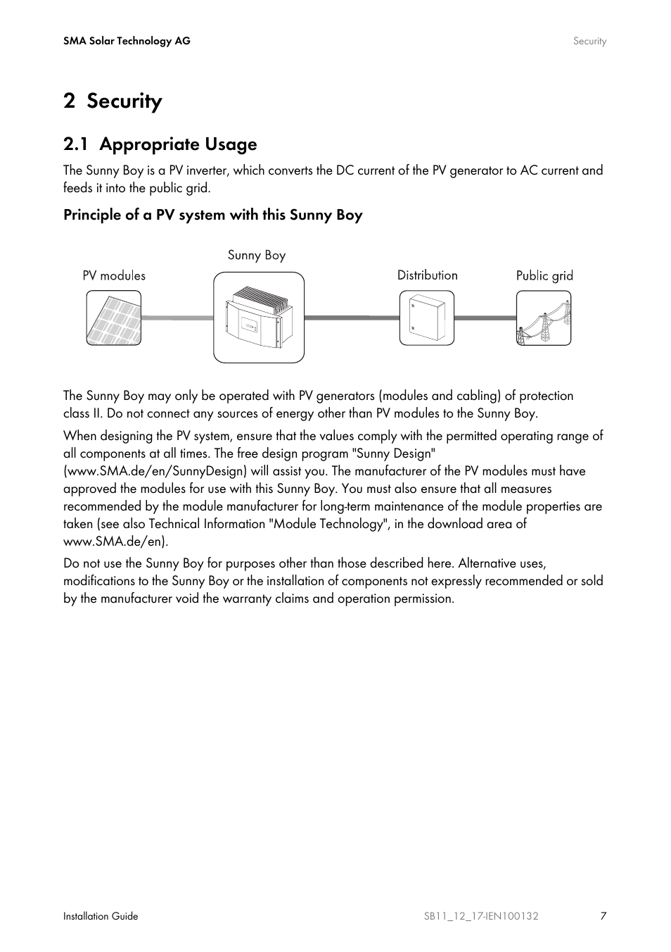 2 security, 1 appropriate usage, Security | Appropriate usage | SMA SB 1100 User Manual | Page 7 / 52