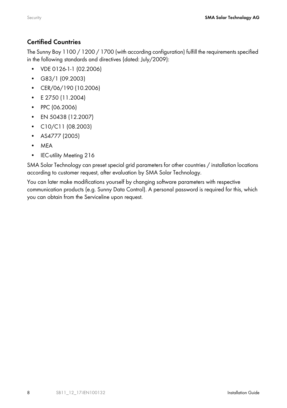 Certified countries | SMA SB 1100 User Manual | Page 8 / 52