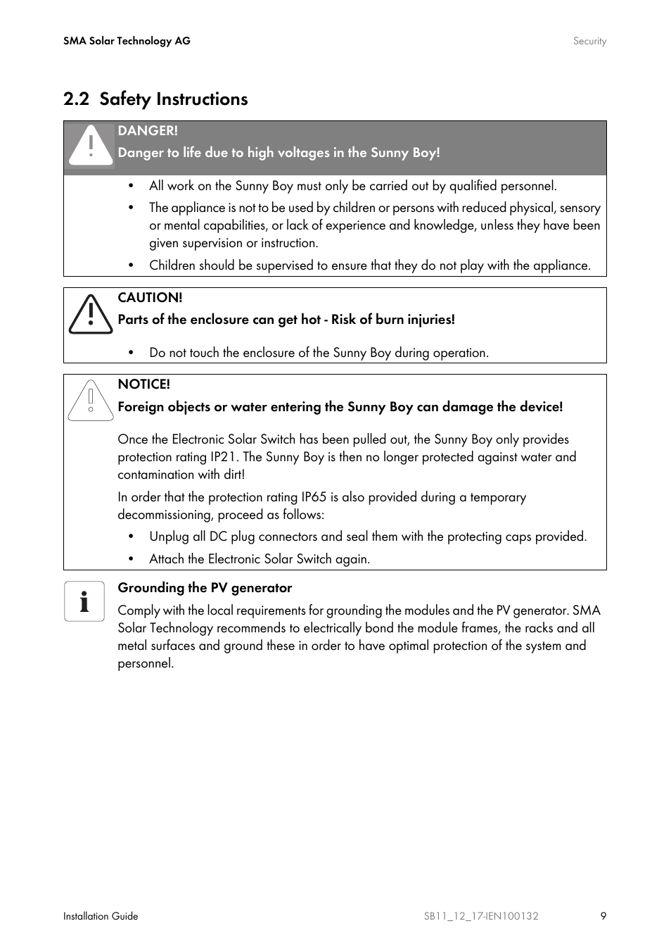 2 safety instructions, Safety instructions | SMA SB 1100 User Manual | Page 9 / 52