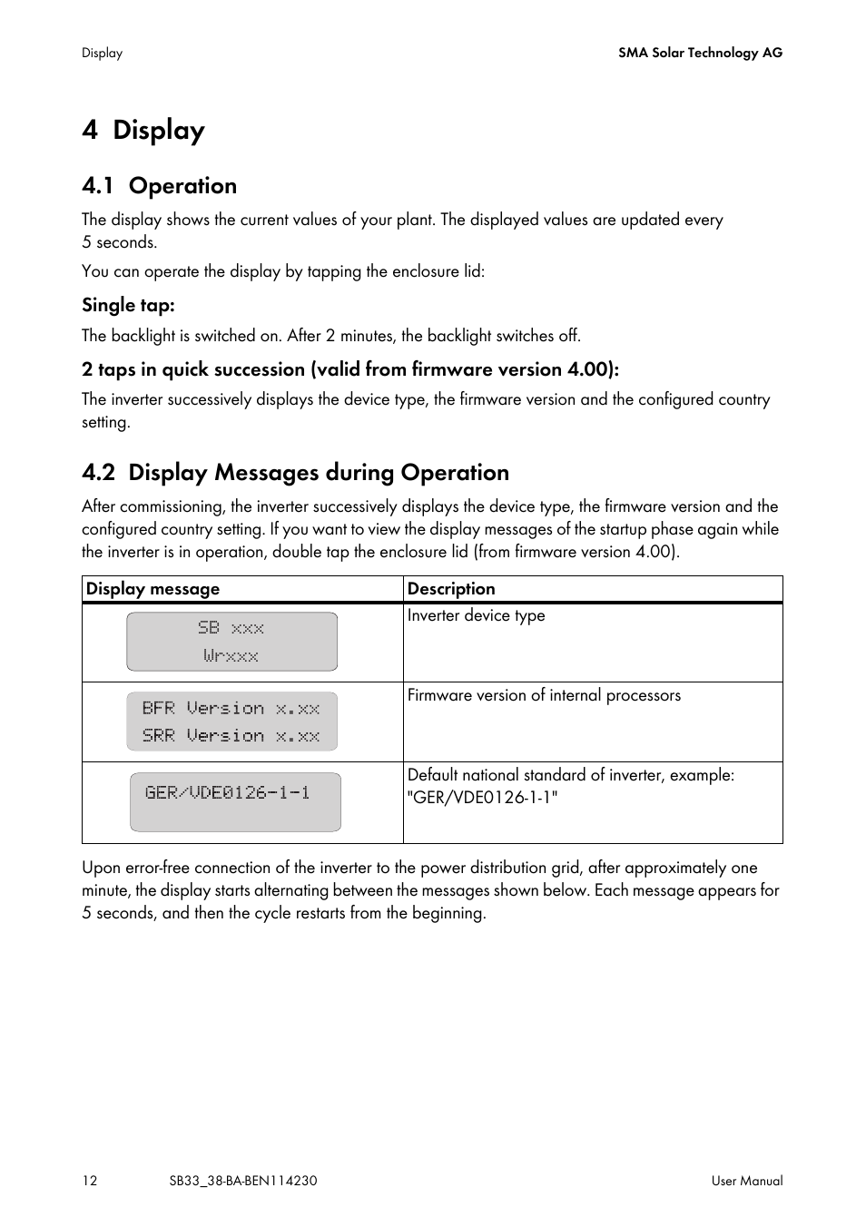 4 display, 1 operation, 2 display messages during operation | Display, Operation, Display messages during operation | SMA SB 3300-11 User Manual | Page 12 / 24