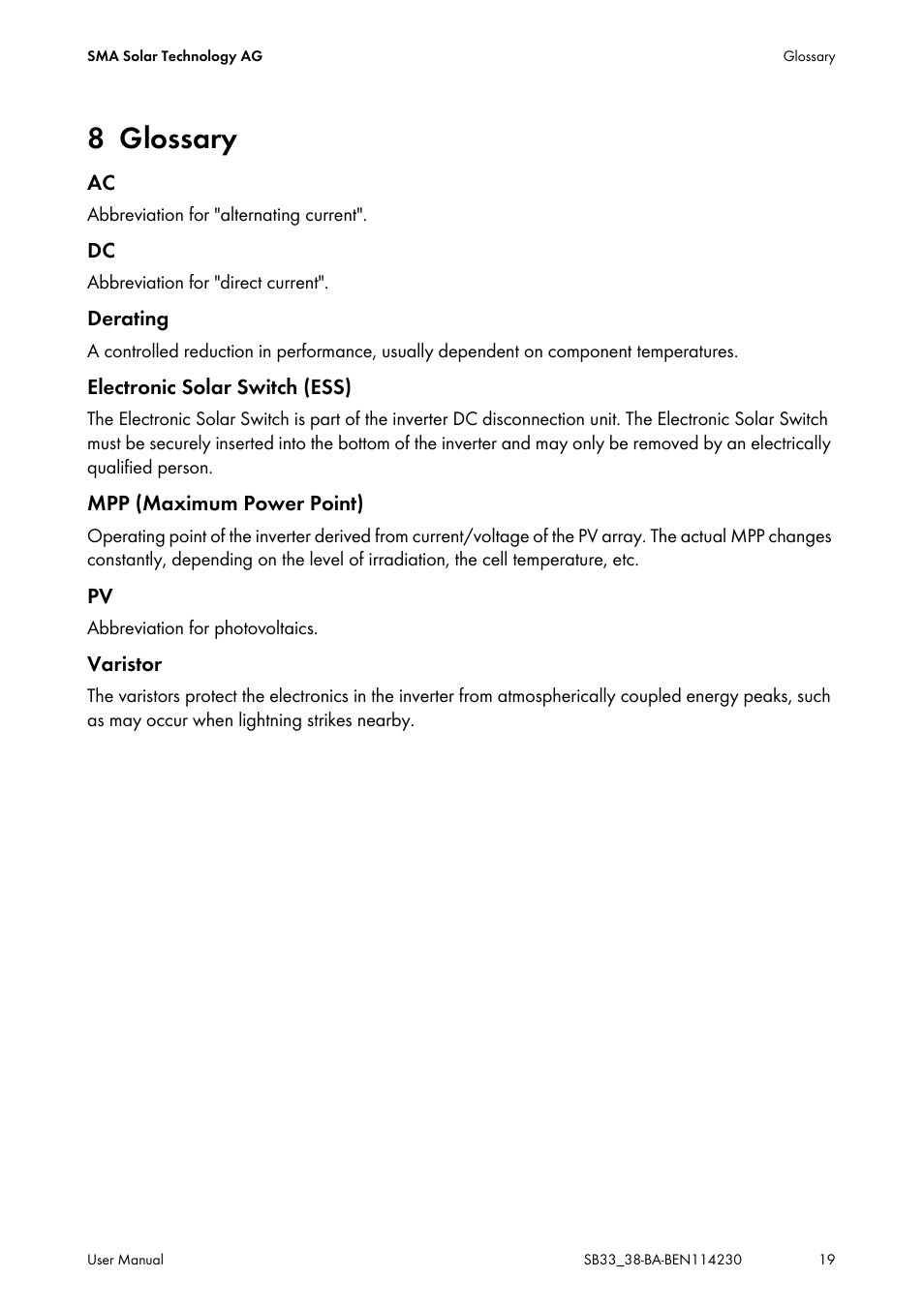 8 glossary, Glossary | SMA SB 3300-11 User Manual | Page 19 / 24