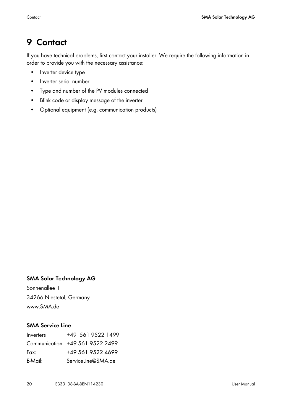 9 contact, Contact | SMA SB 3300-11 User Manual | Page 20 / 24