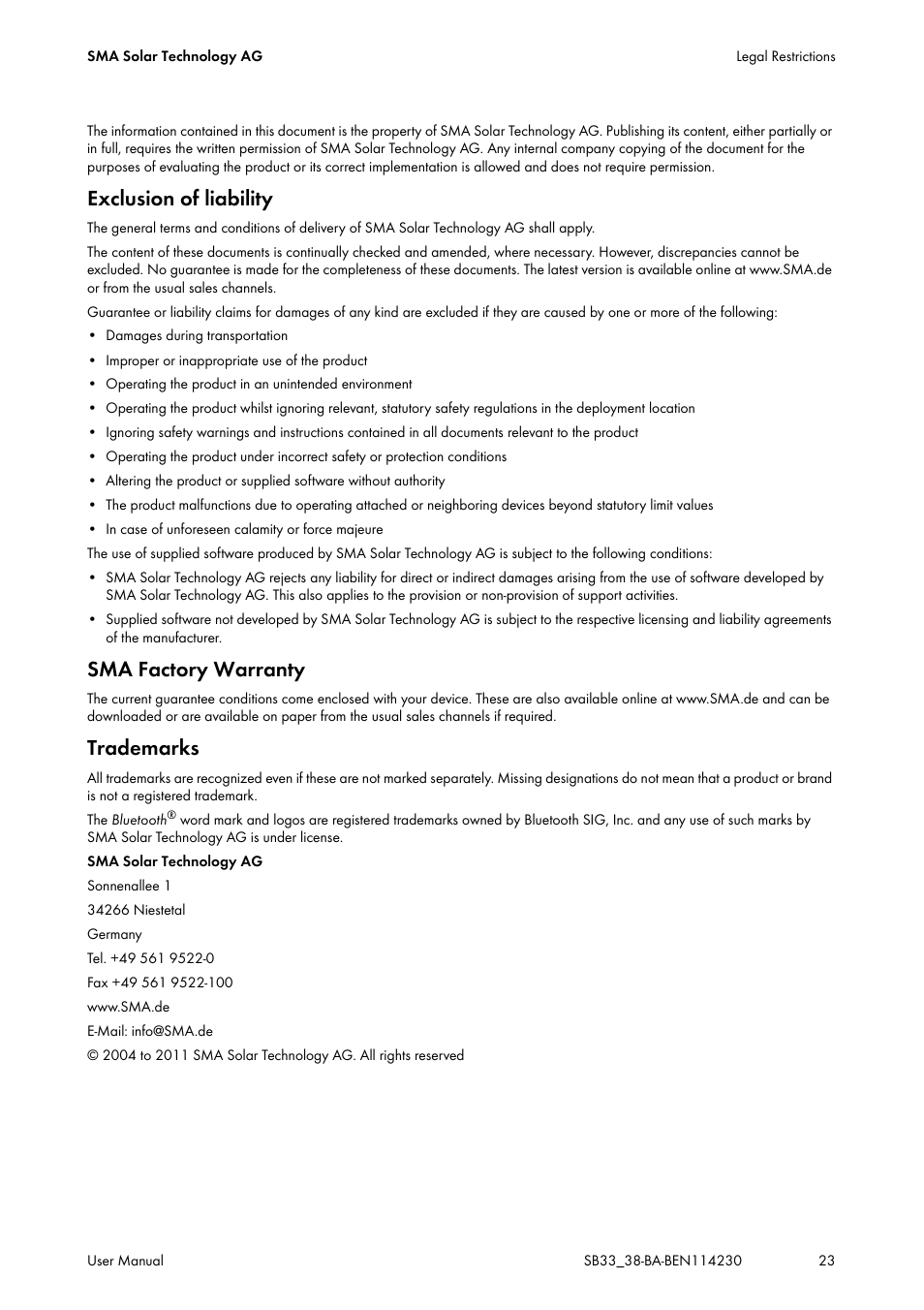 Exclusion of liability, Sma factory warranty, Trademarks | SMA SB 3300-11 User Manual | Page 23 / 24
