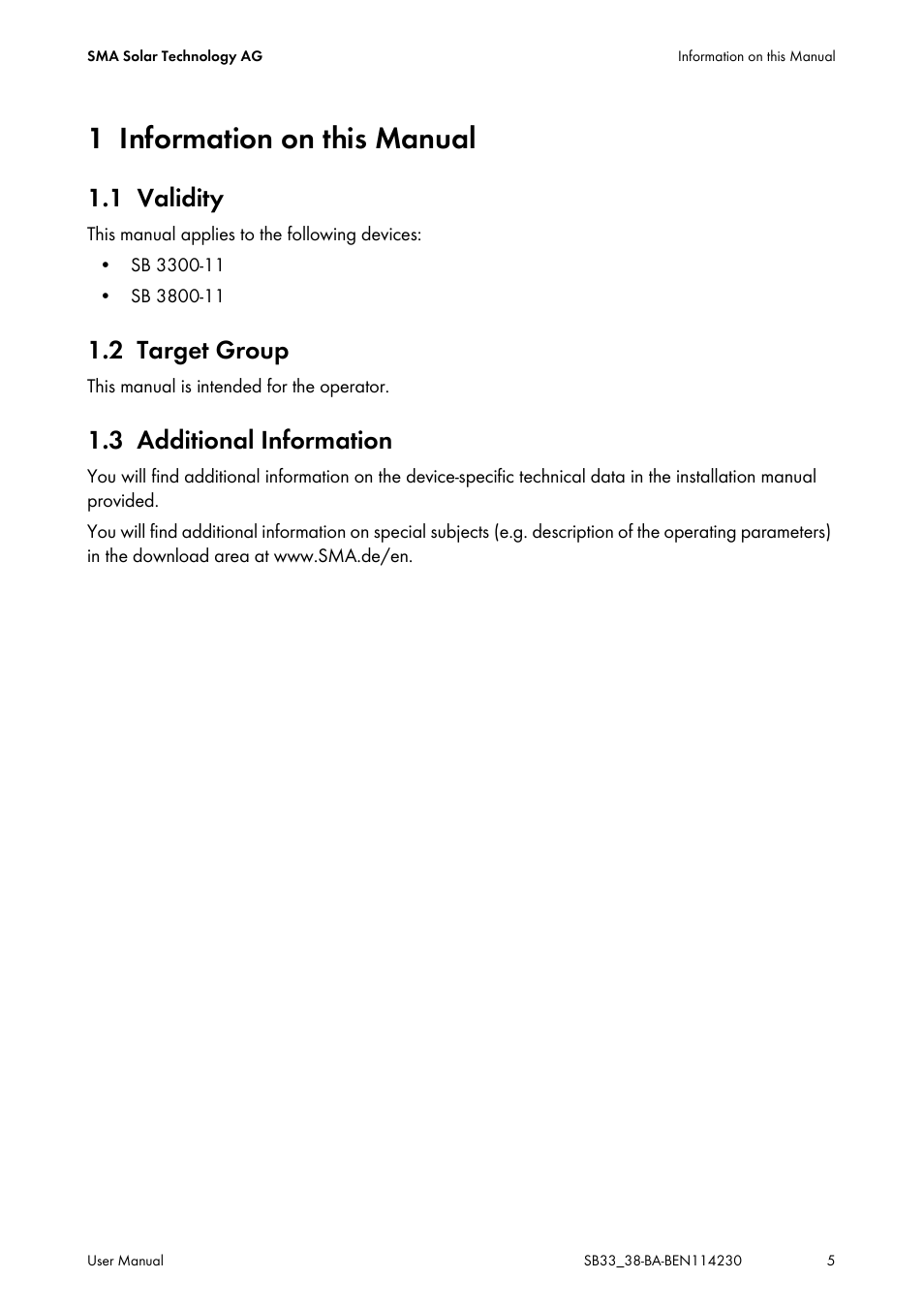 1 information on this manual, 1 validity, 2 target group | 3 additional information, Information on this manual, Validity, Target group, Additional information | SMA SB 3300-11 User Manual | Page 5 / 24