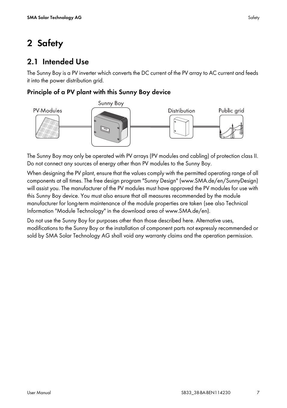 2 safety, 1 intended use, Safety | Intended use | SMA SB 3300-11 User Manual | Page 7 / 24