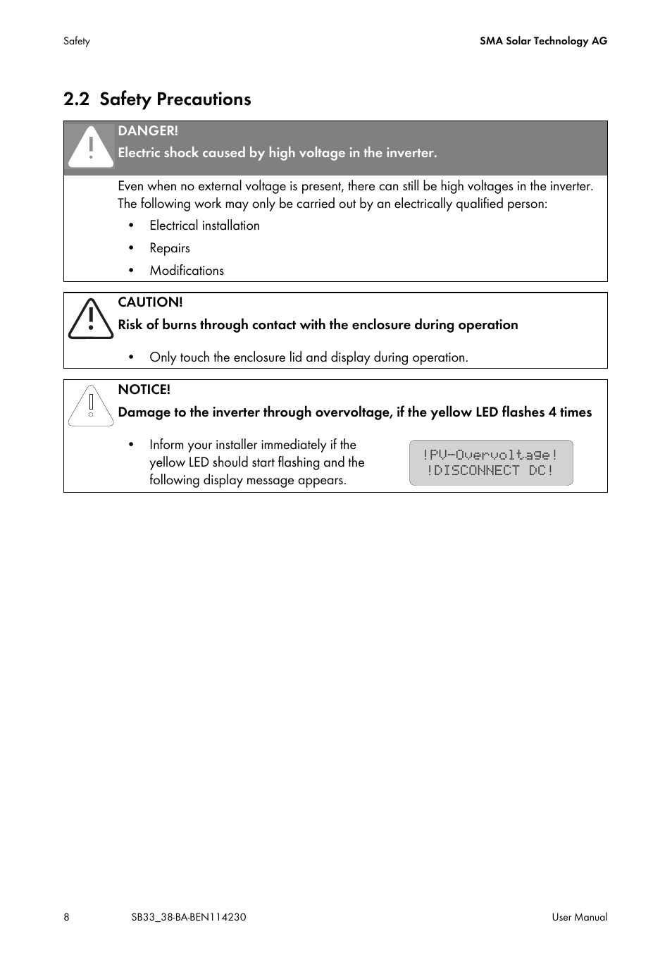 2 safety precautions, Safety precautions | SMA SB 3300-11 User Manual | Page 8 / 24