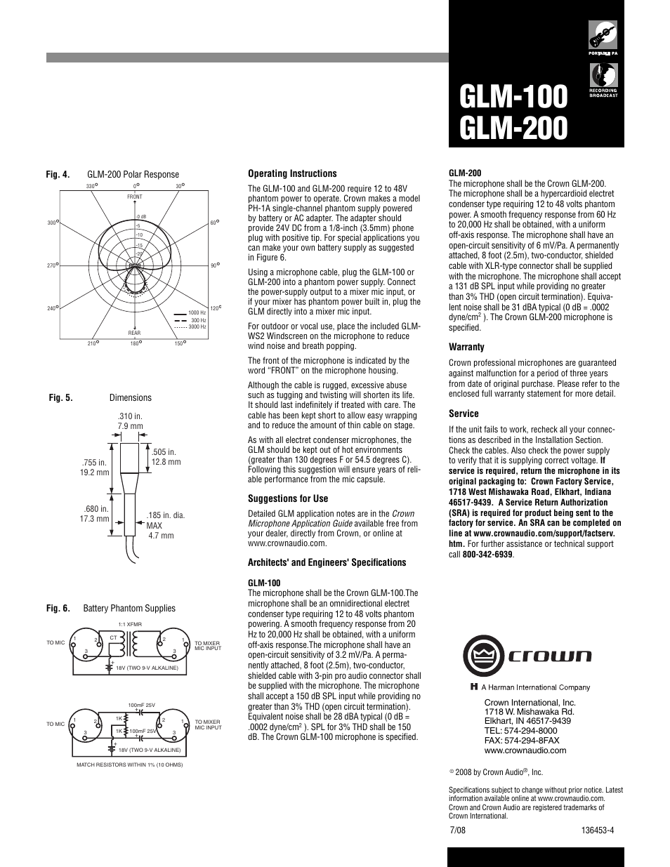 Operating instructions, Suggestions for use, Architects' and engineers' specifi cations | Warranty, Service | Crown Audio GLM-200 User Manual | Page 2 / 2