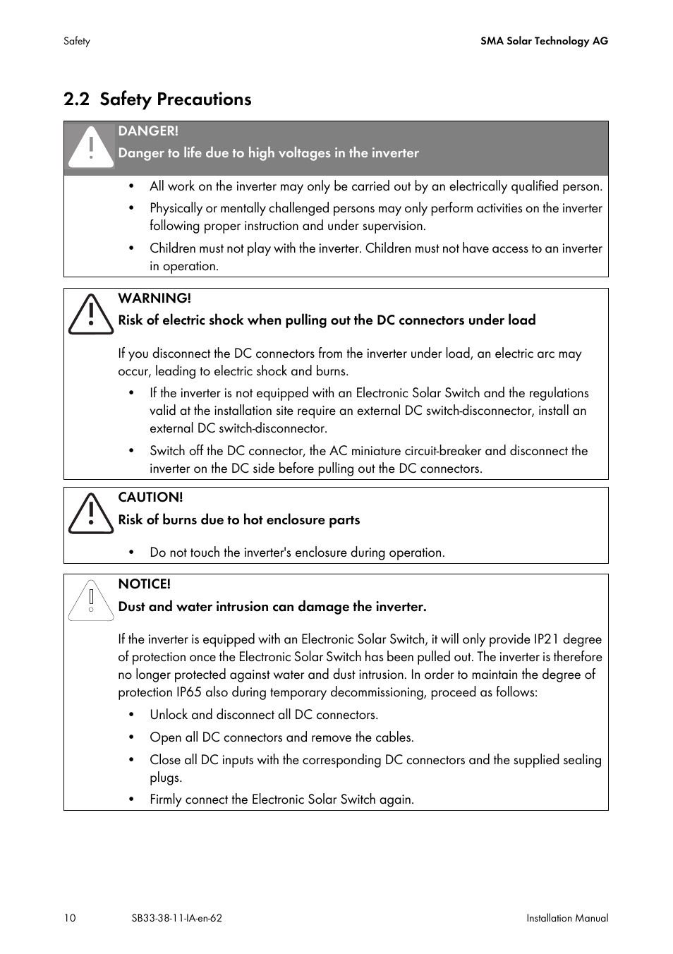 2 safety precautions, Safety precautions | SMA SB 3300-11 Installation User Manual | Page 10 / 76