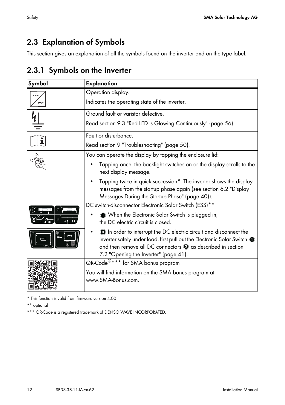 3 explanation of symbols, 1 symbols on the inverter, Explanation of symbols | Symbols on the inverter | SMA SB 3300-11 Installation User Manual | Page 12 / 76