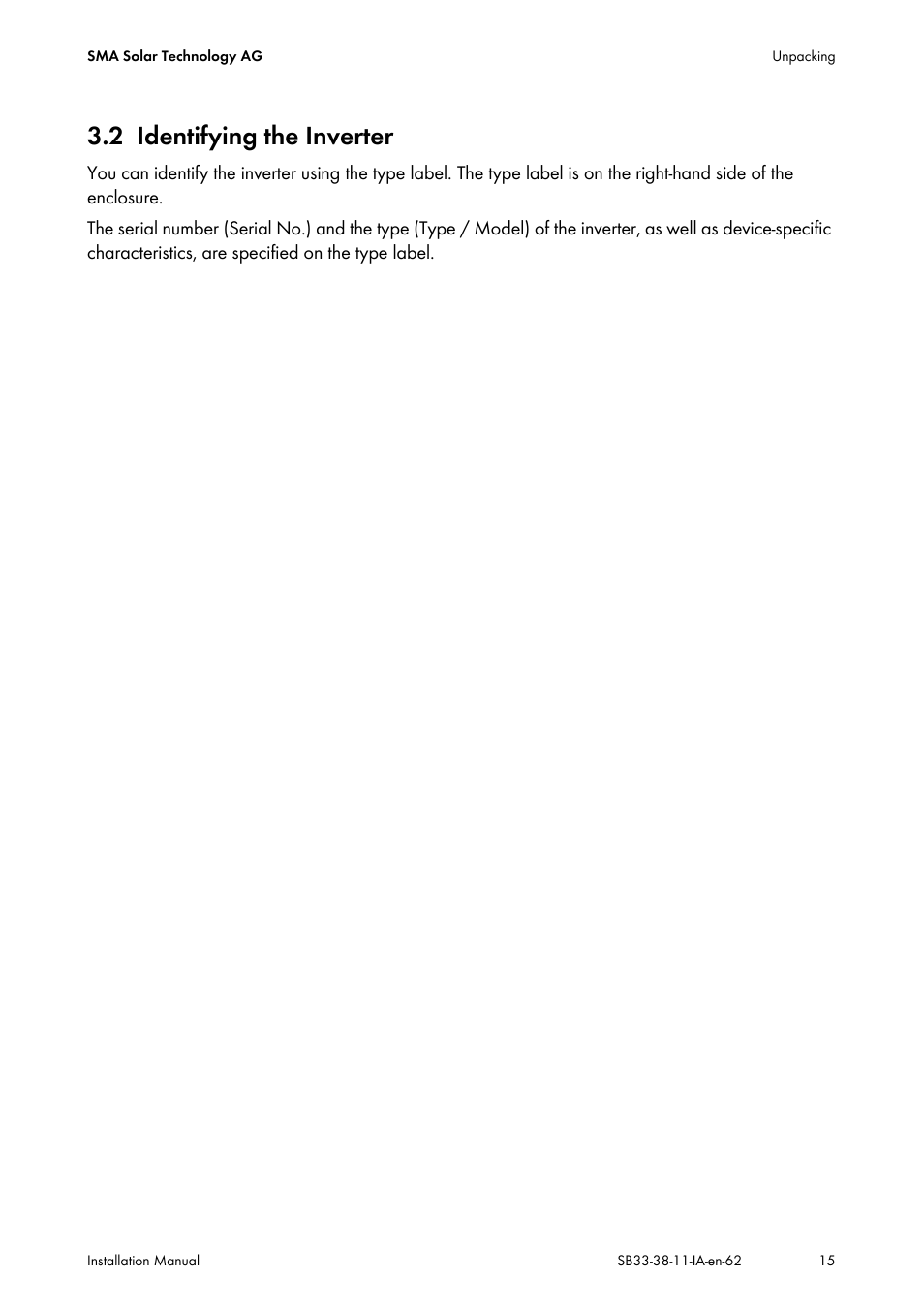 2 identifying the inverter, Identifying the inverter | SMA SB 3300-11 Installation User Manual | Page 15 / 76