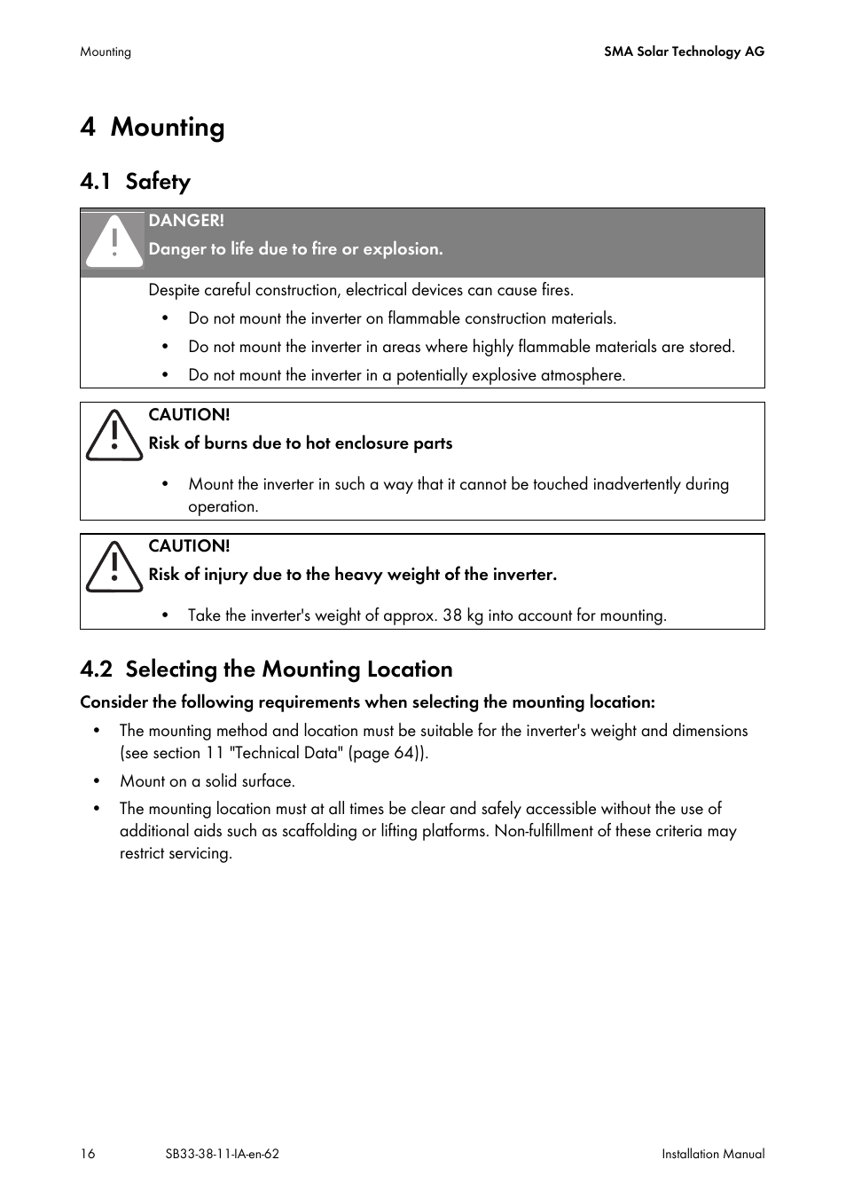 4 mounting, 1 safety, 2 selecting the mounting location | Mounting, Safety, Selecting the mounting location, 1 safety 4.2 selecting the mounting location | SMA SB 3300-11 Installation User Manual | Page 16 / 76