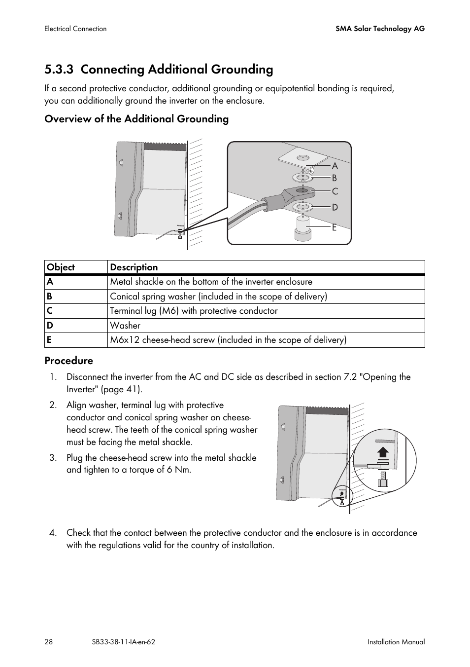 3 connecting additional grounding, Connecting additional grounding | SMA SB 3300-11 Installation User Manual | Page 28 / 76