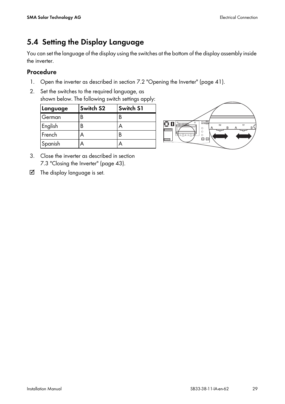 4 setting the display language, Setting the display language | SMA SB 3300-11 Installation User Manual | Page 29 / 76